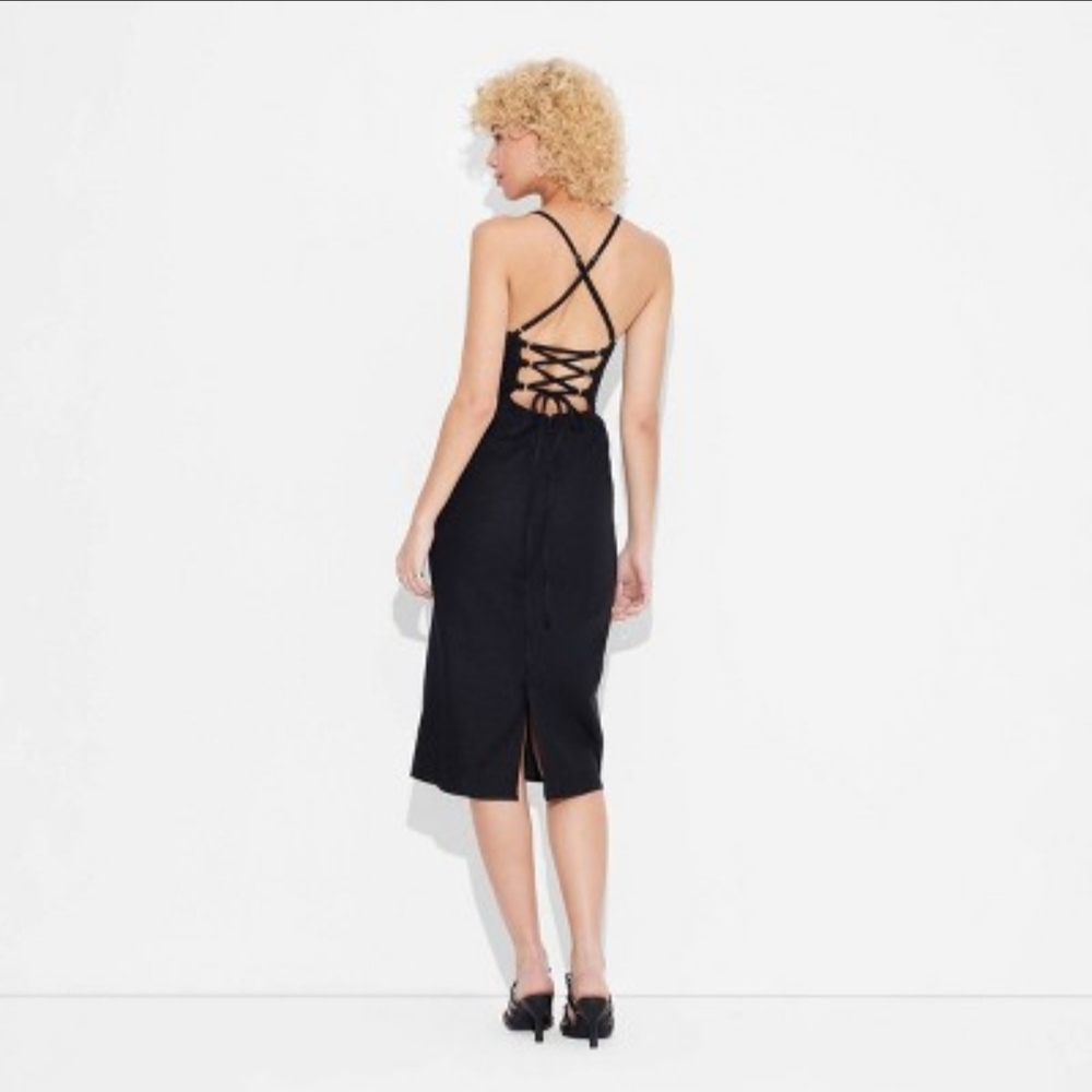 Women's Plus Size 16 Little Black Dress LBD Corset Back Lace Up Midi Slit Strap - Picture 3 of 16